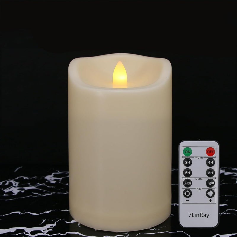 7LinRay Store Large Outdoor Waterproof Flameless Candles with Remote and Timers, Battery Operated LED Flickering Pillar Candles, Long-Lasting, Ivory Plastic, D 4" x H 6", 1 Pack - Image 1